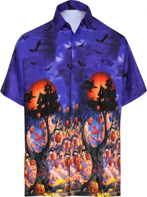 Camp Hawaiian Scary Halloween Party Costume Pumpkin Witch Shirt Royal Blue