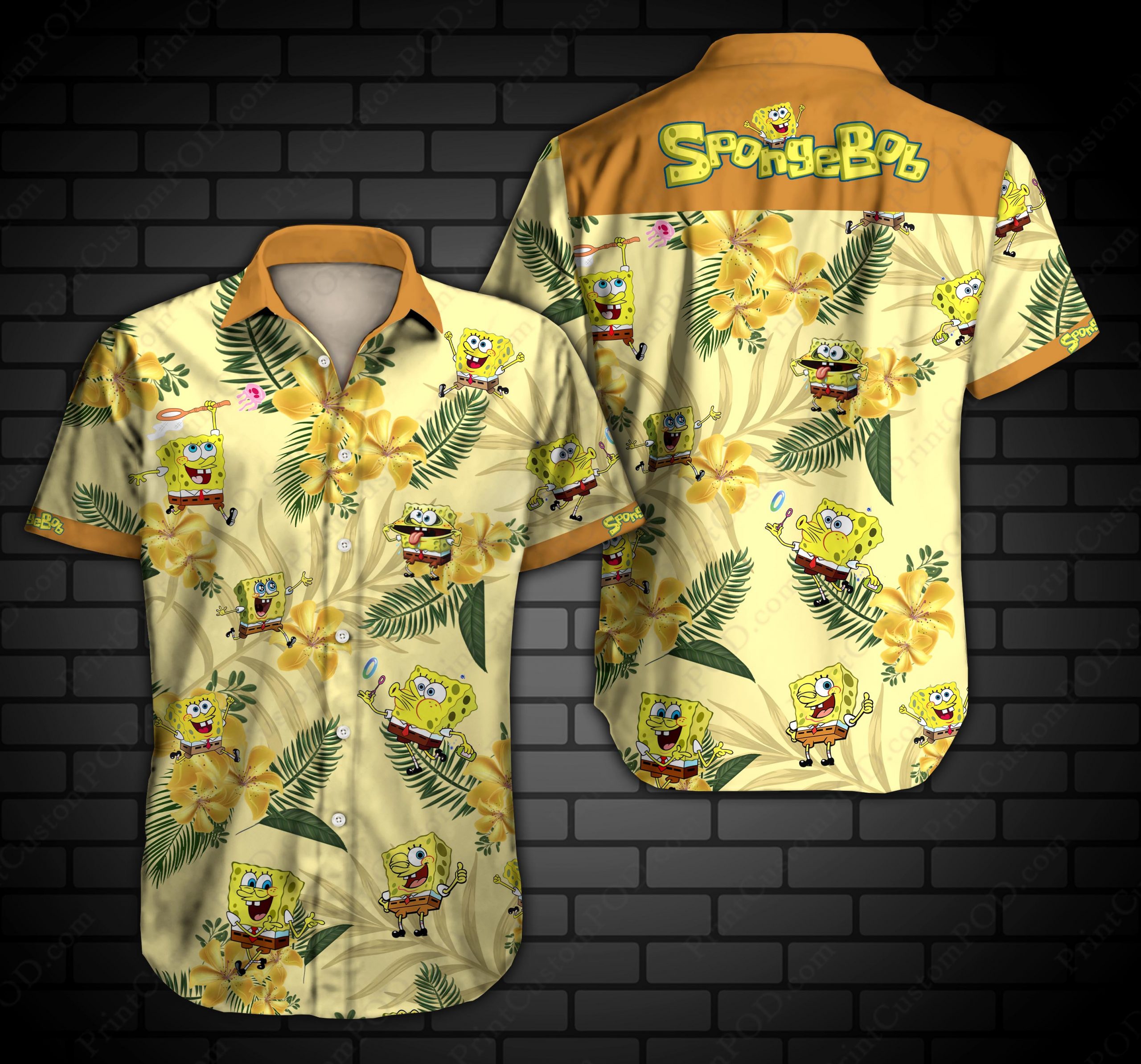 Cute Spongebob Squarepants Tropical Pattern Yellow Hawaii Shirt - Pick ...