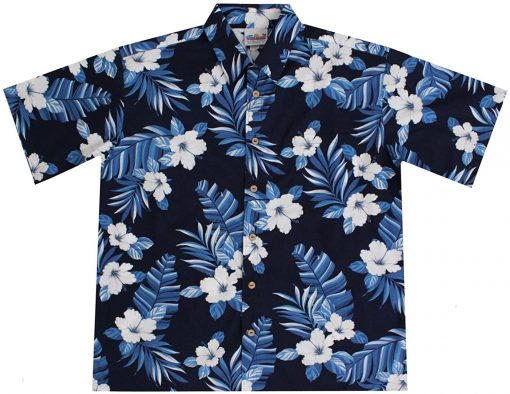 Men's Navy Blue Hawaiian Shirts With Hibiscus Flowers