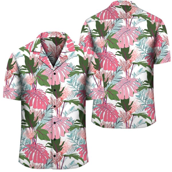 Pink Monstera And Green Tropical Leaves White Hawaiian Shirt - Pick A Quilt